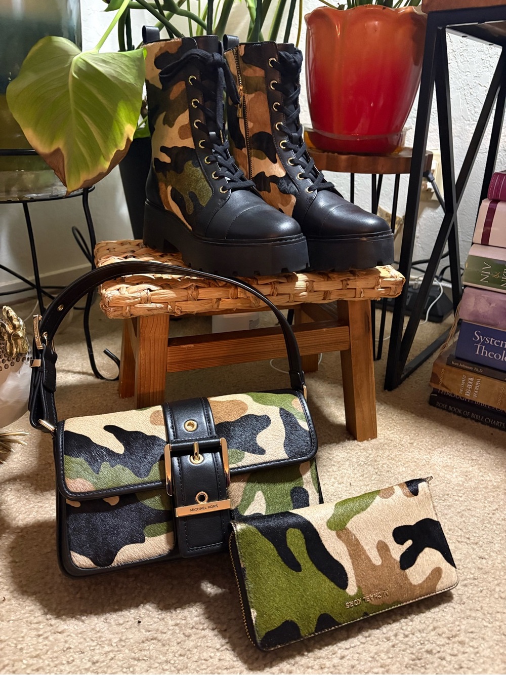 Michael Kors Camo Print Shoulder Bag and Zip Wallet - Green/Black/Tan